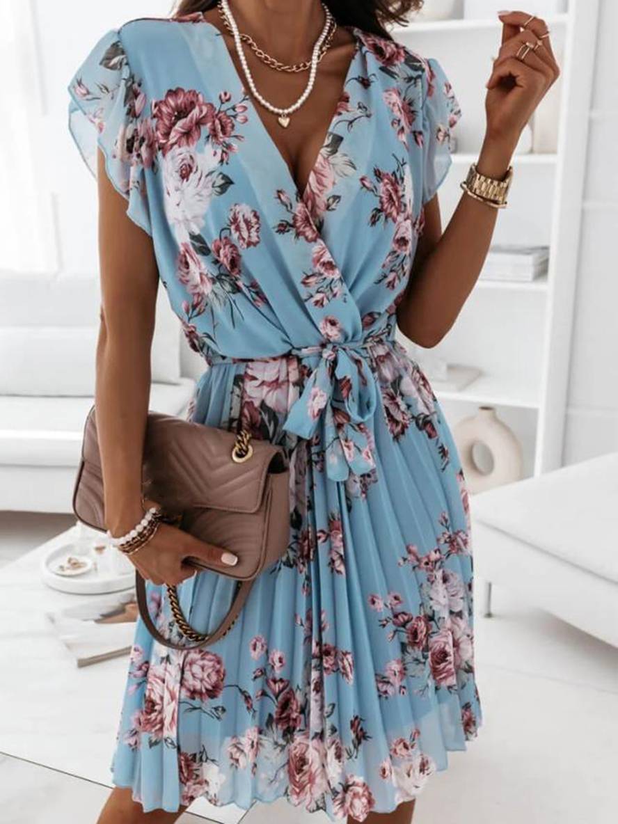 Levoire | Robe Mi-Longue Décolleté En V Floral Plissée Ceinturée À Manches Courtes Femmes Bohème Invité Mariage Plage