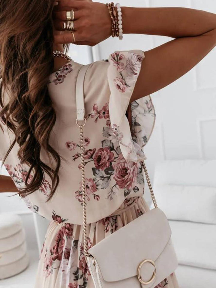 Levoire | Robe Mi-Longue Décolleté En V Floral Plissée Ceinturée À Manches Courtes Femmes Bohème Invité Mariage Plage