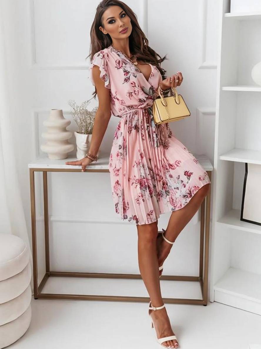 Levoire | Robe Mi-Longue Décolleté En V Floral Plissée Ceinturée À Manches Courtes Femmes Bohème Invité Mariage Plage