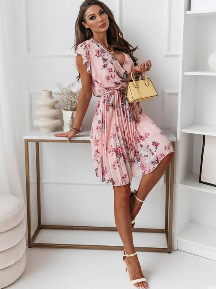 Levoire | Robe Mi-Longue Décolleté En V Floral Plissée Ceinturée À Manches Courtes Femmes Bohème Invité Mariage Plage