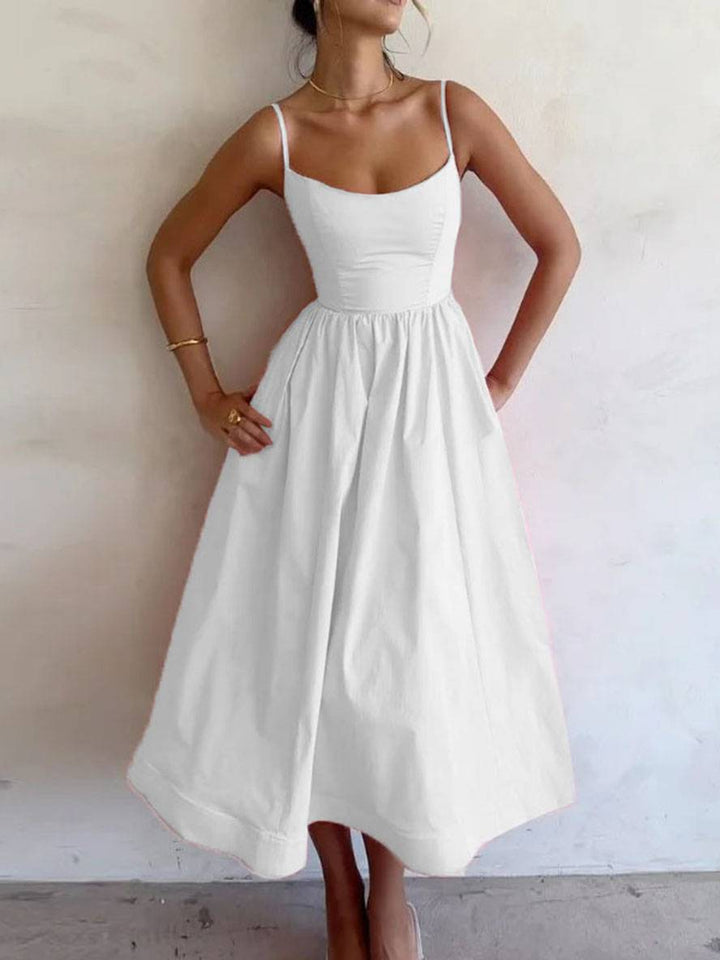 Levoire | Robe Midi A-Ligne Unie Fluide Sans Bretelles Dos Nu À Fines Bretelles Sans Manches Pour Femmes Élégante Mode Cocktail Blanc