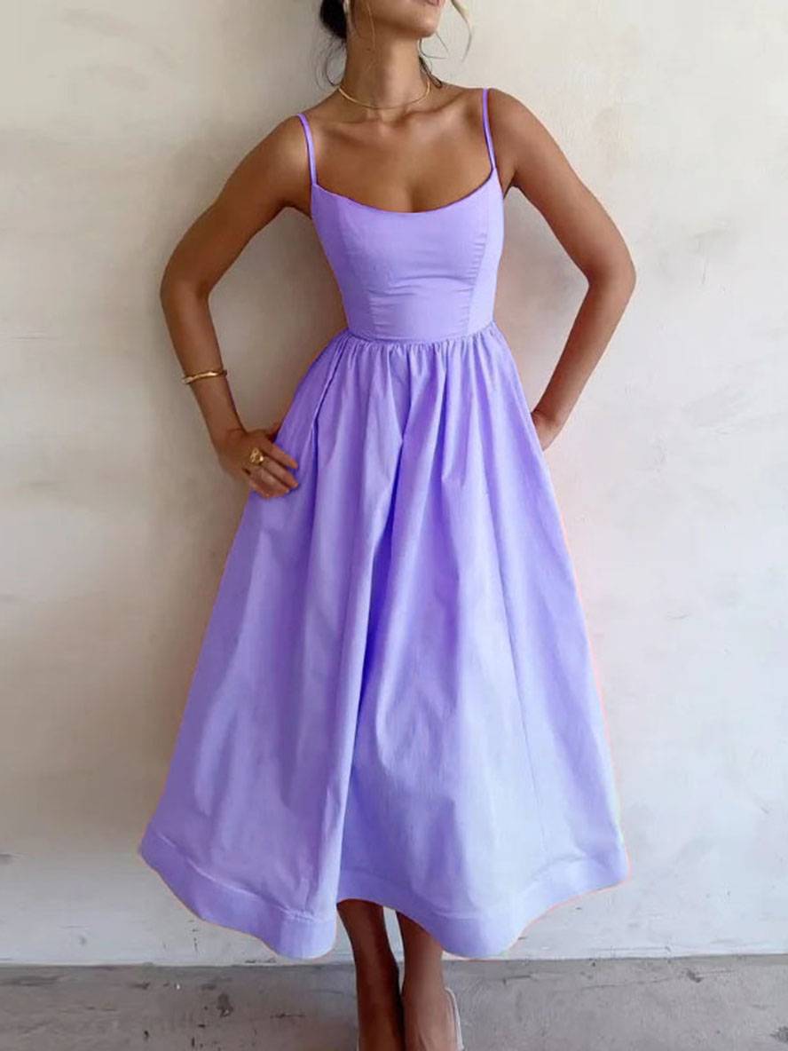 Levoire | Robe Midi A-Ligne Unie Fluide Sans Bretelles Dos Nu À Fines Bretelles Sans Manches Pour Femmes Élégante Mode Cocktail Violet