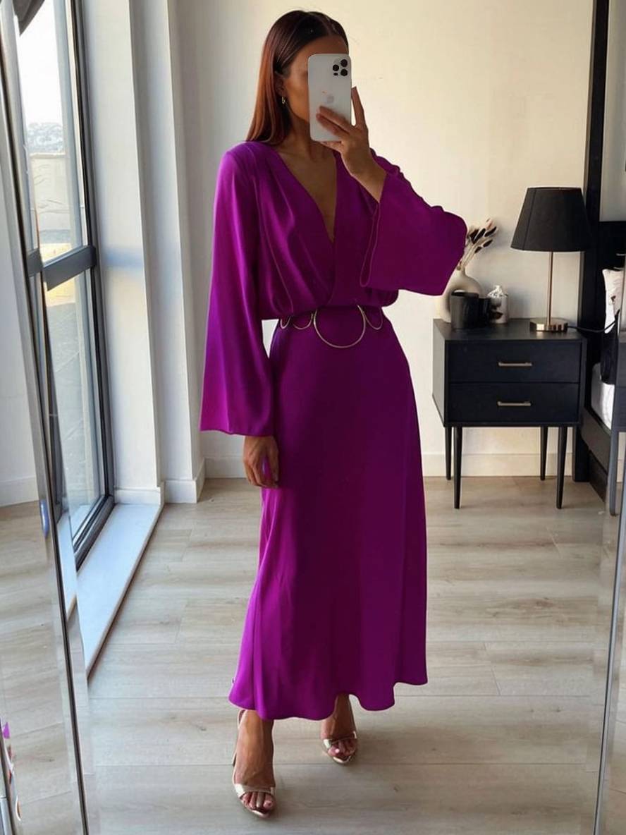 Levoire | Robe Longue À Décolleté En V Boutons Couture Au Dos Manches Trumpet Manches Longues Femme Élégant Vintage Prom Bal Violet