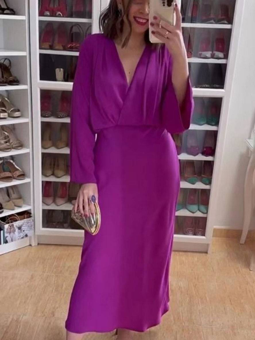 Levoire | Robe Longue À Décolleté En V Boutons Couture Au Dos Manches Trumpet Manches Longues Femme Élégant Vintage Prom Bal