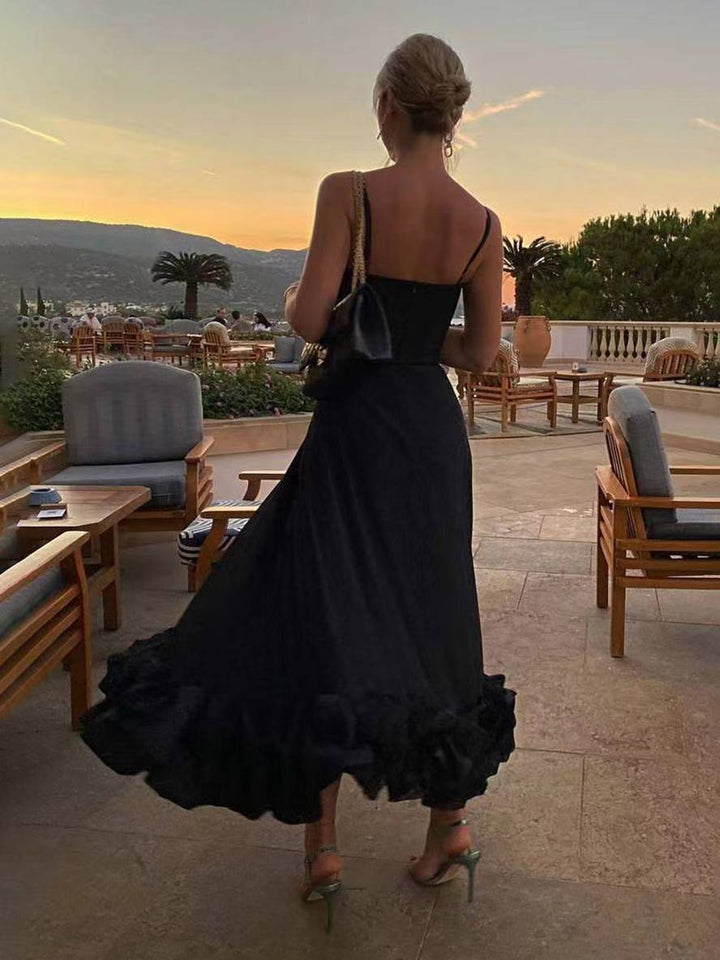 Levoire | Robe Mi-Longue A-Ligne Avec Volants Bustier Avec Fines Bretelles Sans Manches Femme Élégant Doux Cocktail Prom