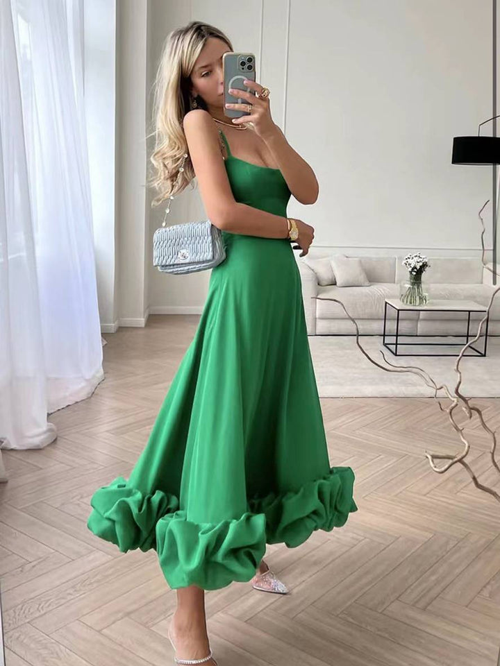 Levoire | Robe Mi-Longue A-Ligne Avec Volants Bustier Avec Fines Bretelles Sans Manches Femme Élégant Doux Cocktail Prom Vert