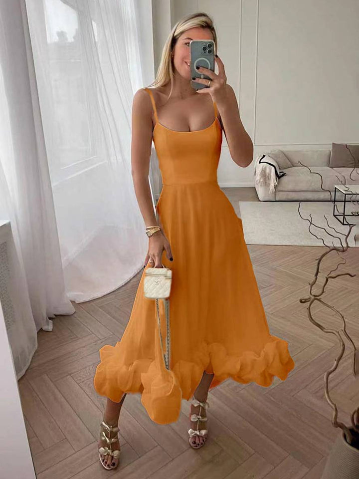 Levoire | Robe Mi-Longue A-Ligne Avec Volants Bustier Avec Fines Bretelles Sans Manches Femme Élégant Doux Cocktail Prom Orange
