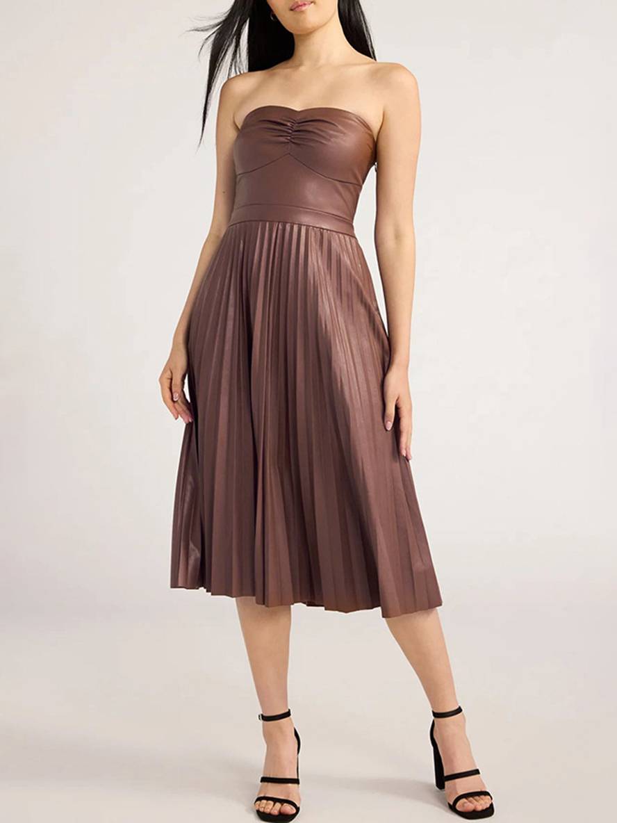 Levoire | Robe Midi Longue En Simili Cuir Plissée Bustier Dos Nu Sans Manches Femme Élégante Décontractée Cocktail