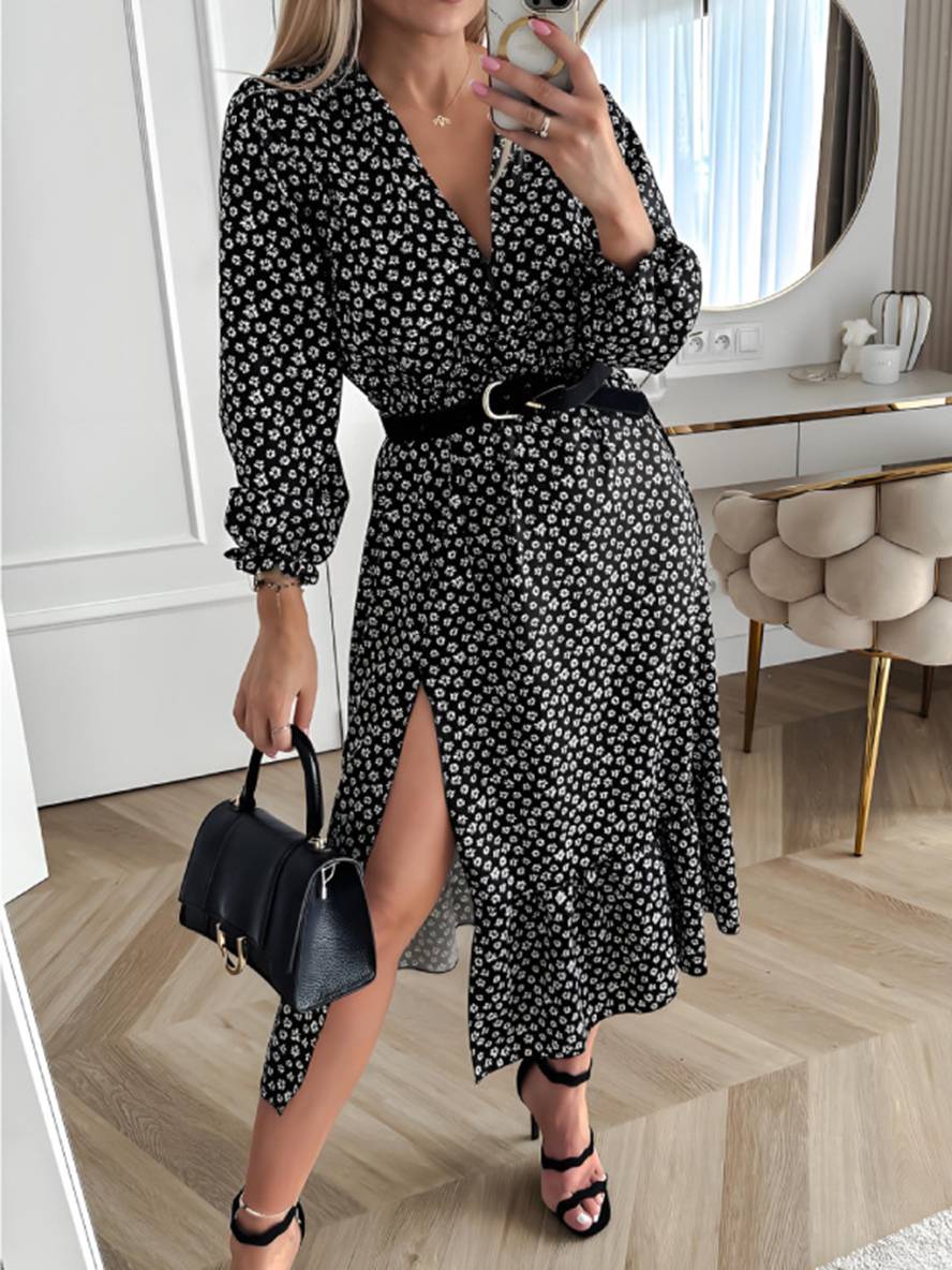 Levoire | Robe Midi Longue Col V Fente Latérale Volants Élégant Femme Loisirs Bal Noir