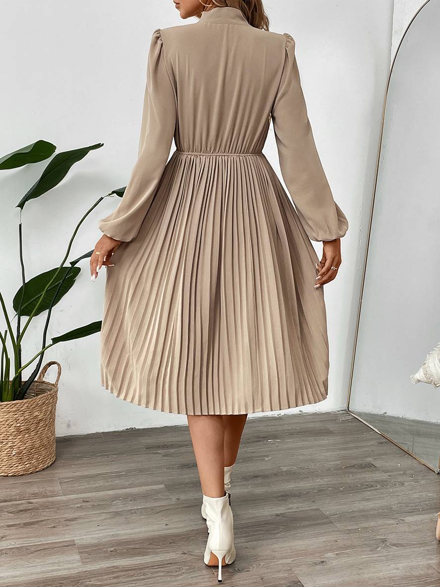 Levoire | Robe Plissée Mi-Longue Avec Nœud Et Fermeture À Bouton, Col Lavallière, Manches Longues, Élégante, Décontractée, Soirée
