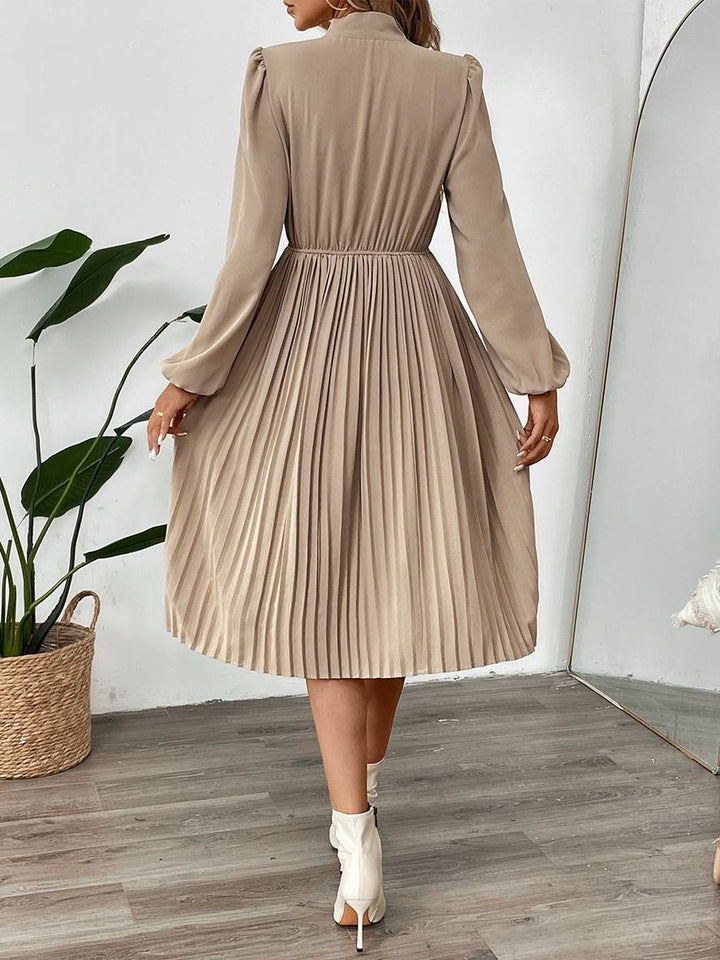 Levoire | Robe Plissée Mi-Longue Avec Nœud Et Fermeture À Bouton, Col Lavallière, Manches Longues, Élégante, Décontractée, Soirée