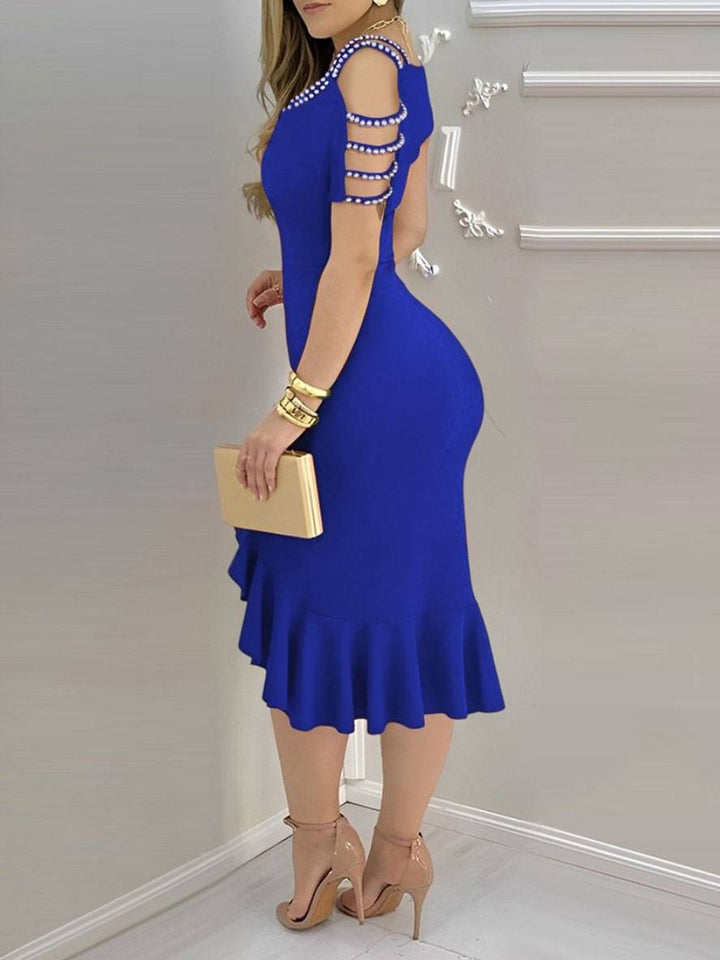 Levoire | Mi-Long Robe Formant Perle Off-Shoulder Fente Côté Volant Élégant Cocktail Mode
