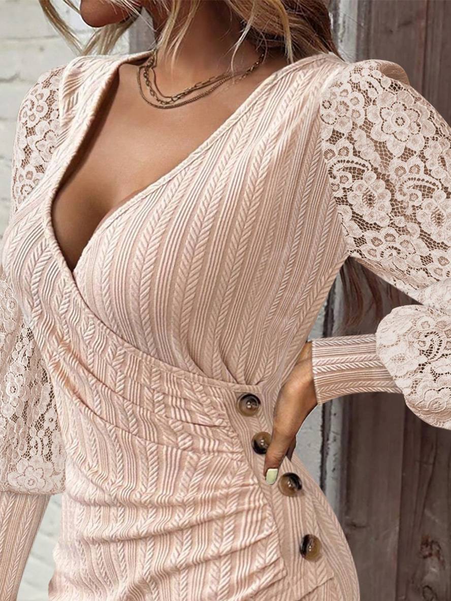 Levoire | Robe Midi Bodycon En Dentelle À Décolleté En V Avec Boutons À Manches Longues Pour Femme, Décontractée, Cocktail