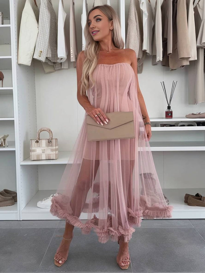 Levoire | Robe Midi Tulle Cintrée Sans Manches Femme Élégante Loisirs Cocktail Anniversaire Bal De Fin D'Année Rosa