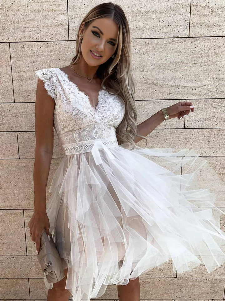 Levoire | Robe Tutu Puff Élégante En Tulle Courte Irregulière Dos Nu Décolleté En V Sans Manches Robe De Cocktail Femme