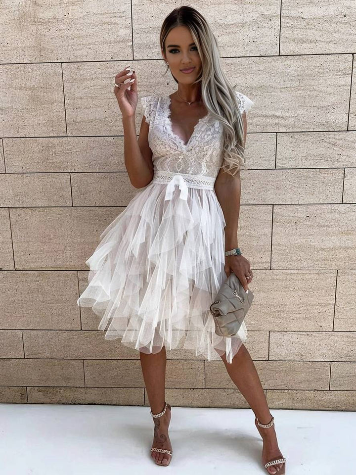 Levoire | Robe Tutu Puff Élégante En Tulle Courte Irregulière Dos Nu Décolleté En V Sans Manches Robe De Cocktail Femme