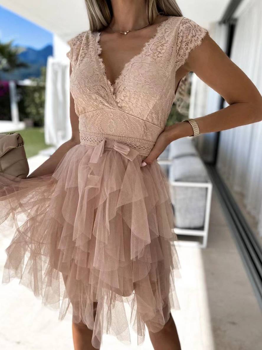 Levoire | Robe Tutu Puff Élégante En Tulle Courte Irregulière Dos Nu Décolleté En V Sans Manches Robe De Cocktail Femme Rose