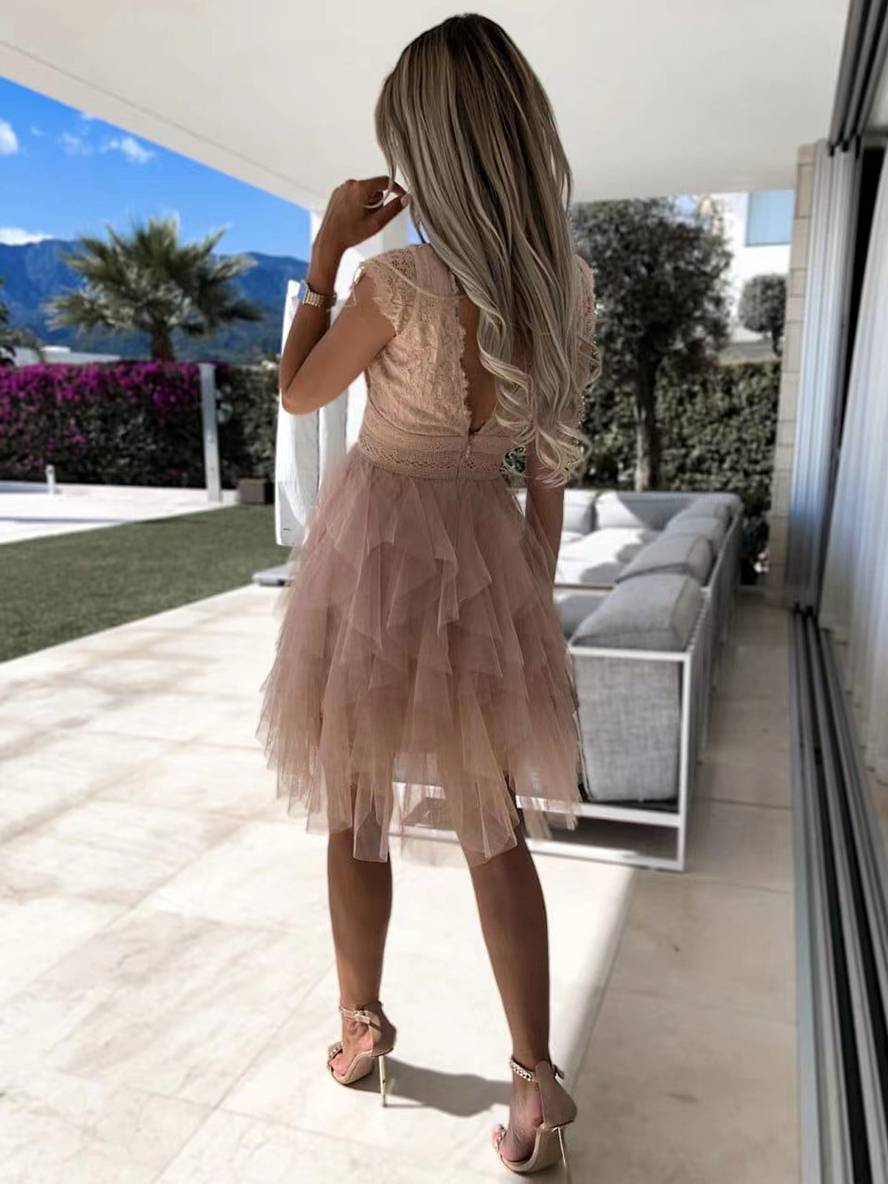 Levoire | Robe Tutu Puff Élégante En Tulle Courte Irregulière Dos Nu Décolleté En V Sans Manches Robe De Cocktail Femme