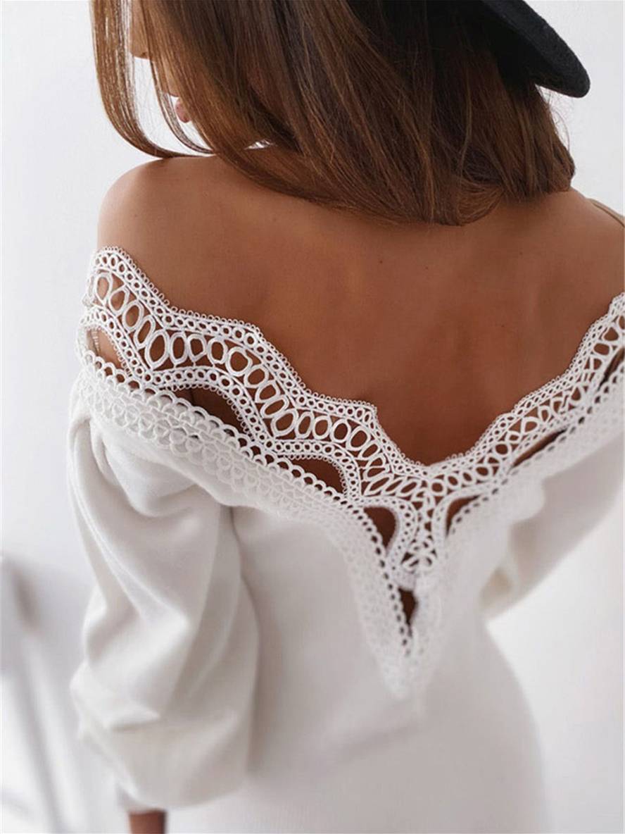 Levoire | Robe Courte Ajustée En Dentelle Décolletée Dos Nu Décolleté En V Manches Évêque Manches Longues Mode Élégante