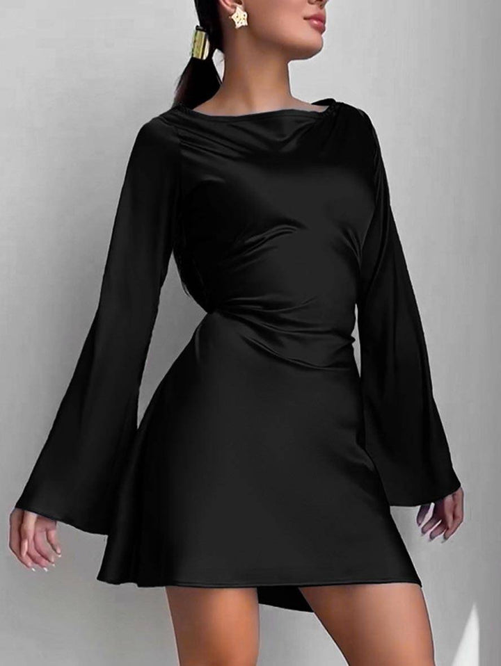 Levoire | Robe Trapèze Courte En Satin Avec Ceinture Encolure Ronde Manches Trompettes Manches Longues Élégante Décontractée Robe De Cocktail