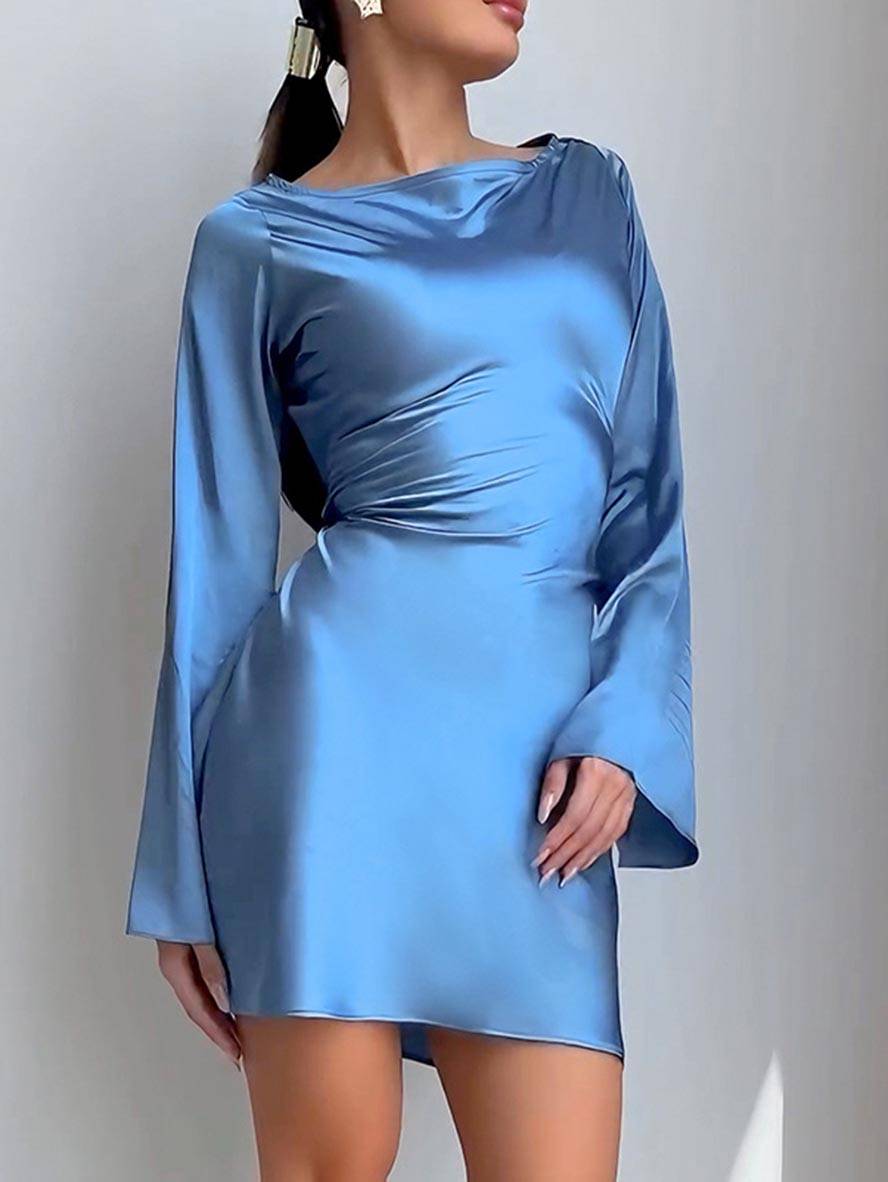 Levoire | Robe Trapèze Courte En Satin Avec Ceinture Encolure Ronde Manches Trompettes Manches Longues Élégante Décontractée Robe De Cocktail