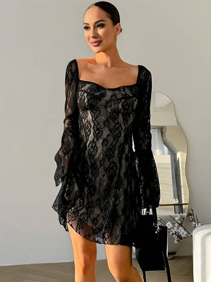 Levoire | Robe Courte En Dentelle À Décolleté Carré, Manches Évasées, Manches Longues, Robe De Cocktail Élégante Pour Femmes