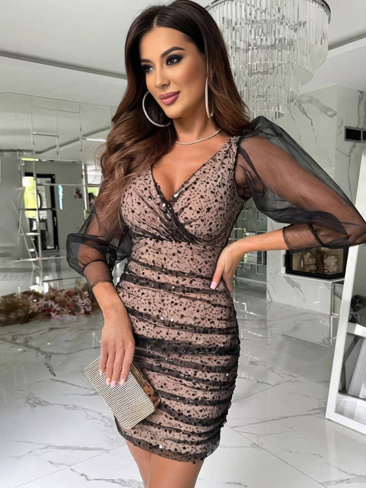 Levoire | Robe Courte Serrée Brillante À Paillettes Décolleté En V À Manches Longues En Tulle Élégante Robe De Cocktail Bal De Fin D'Année Noir