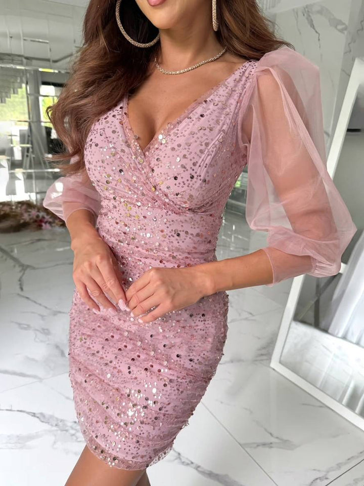 Levoire | Robe Courte Serrée Brillante À Paillettes Décolleté En V À Manches Longues En Tulle Élégante Robe De Cocktail Bal De Fin D'Année