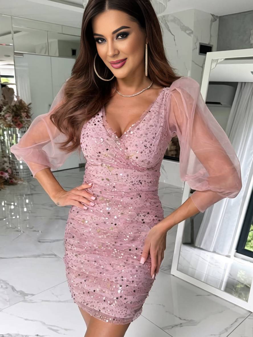 Levoire | Robe Courte Serrée Brillante À Paillettes Décolleté En V À Manches Longues En Tulle Élégante Robe De Cocktail Bal De Fin D'Année