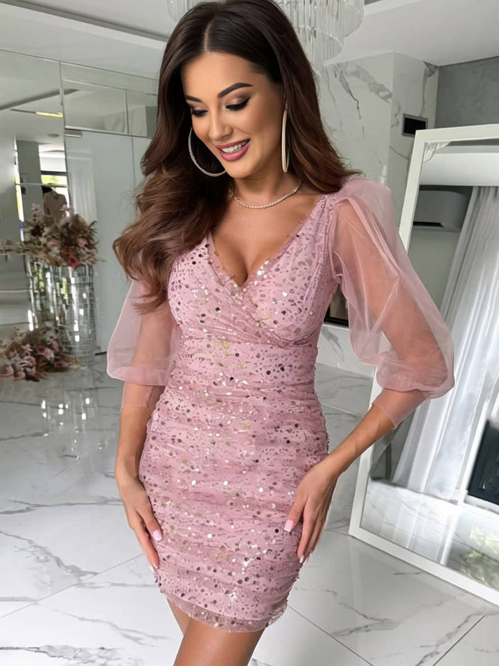 Levoire | Robe Courte Serrée Brillante À Paillettes Décolleté En V À Manches Longues En Tulle Élégante Robe De Cocktail Bal De Fin D'Année