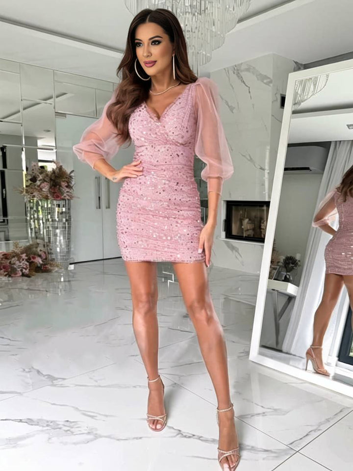 Levoire | Robe Courte Serrée Brillante À Paillettes Décolleté En V À Manches Longues En Tulle Élégante Robe De Cocktail Bal De Fin D'Année