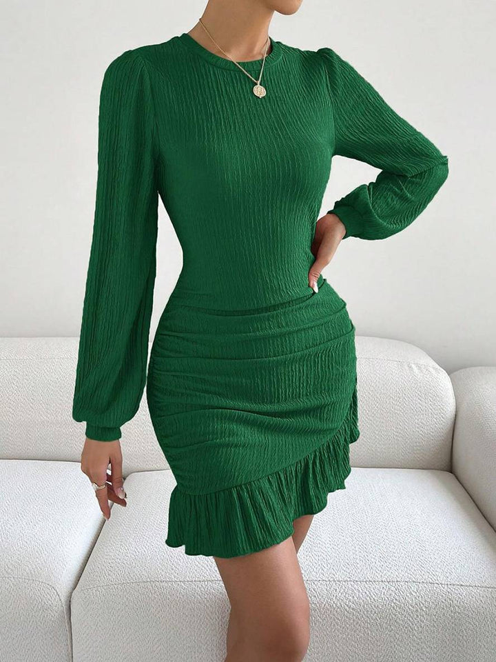 Levoire | Robe Courte Ajustée Avec Volants Col Rond Femme Élégante Décontractée Bal Cérémoniel Vert