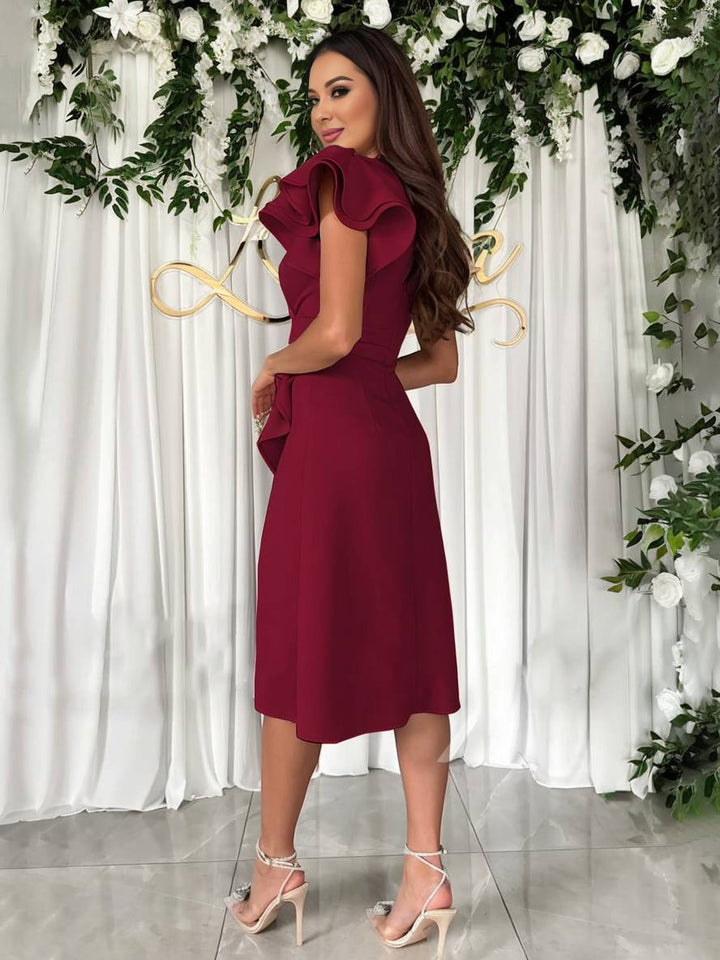 Levoire | Robe À Encolure V Courte Asymétrique Avec Manches Courtes Superposées Volants Mode Élégante Invité De Mariage