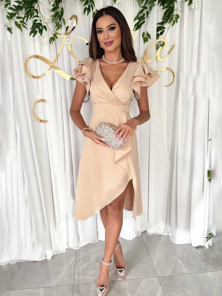 Levoire | Robe À Encolure V Courte Asymétrique Avec Manches Courtes Superposées Volants Mode Élégante Invité De Mariage