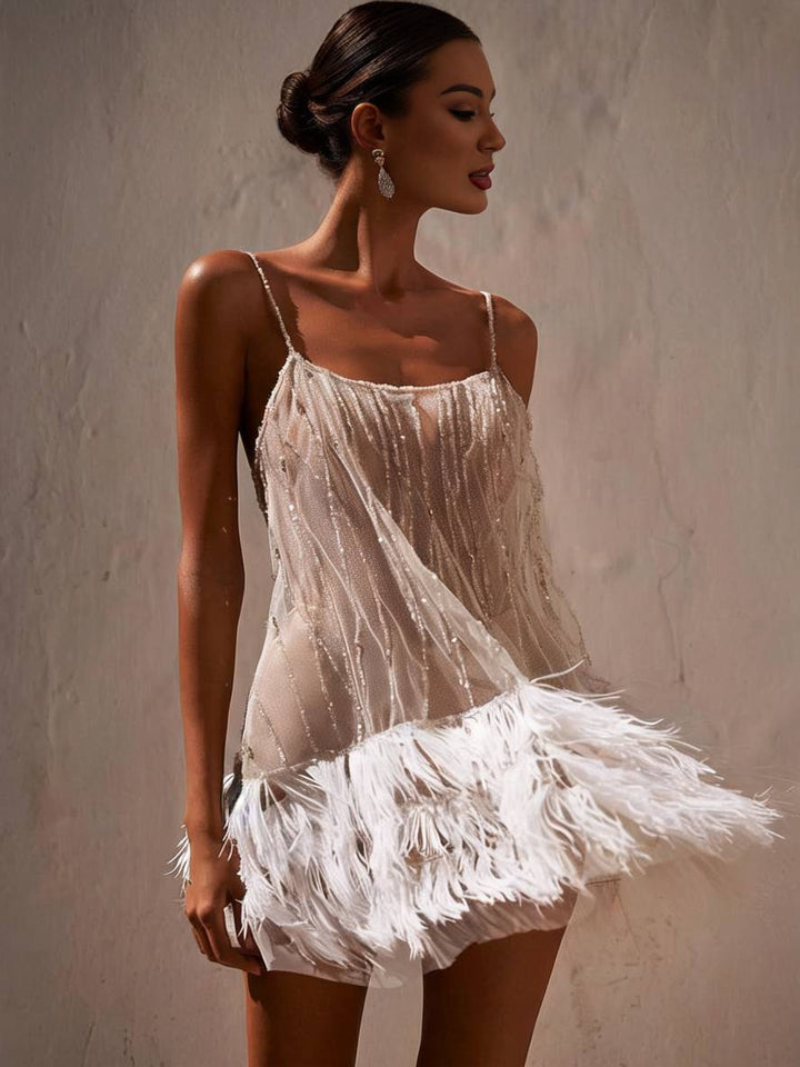 Levoire | Robe Courte En Tulle Avec Franges, Dos Nu, Avec De Fines Bretelles, Sans Manches, Robe De Cocktail Élégante Pour Femmes Blanc