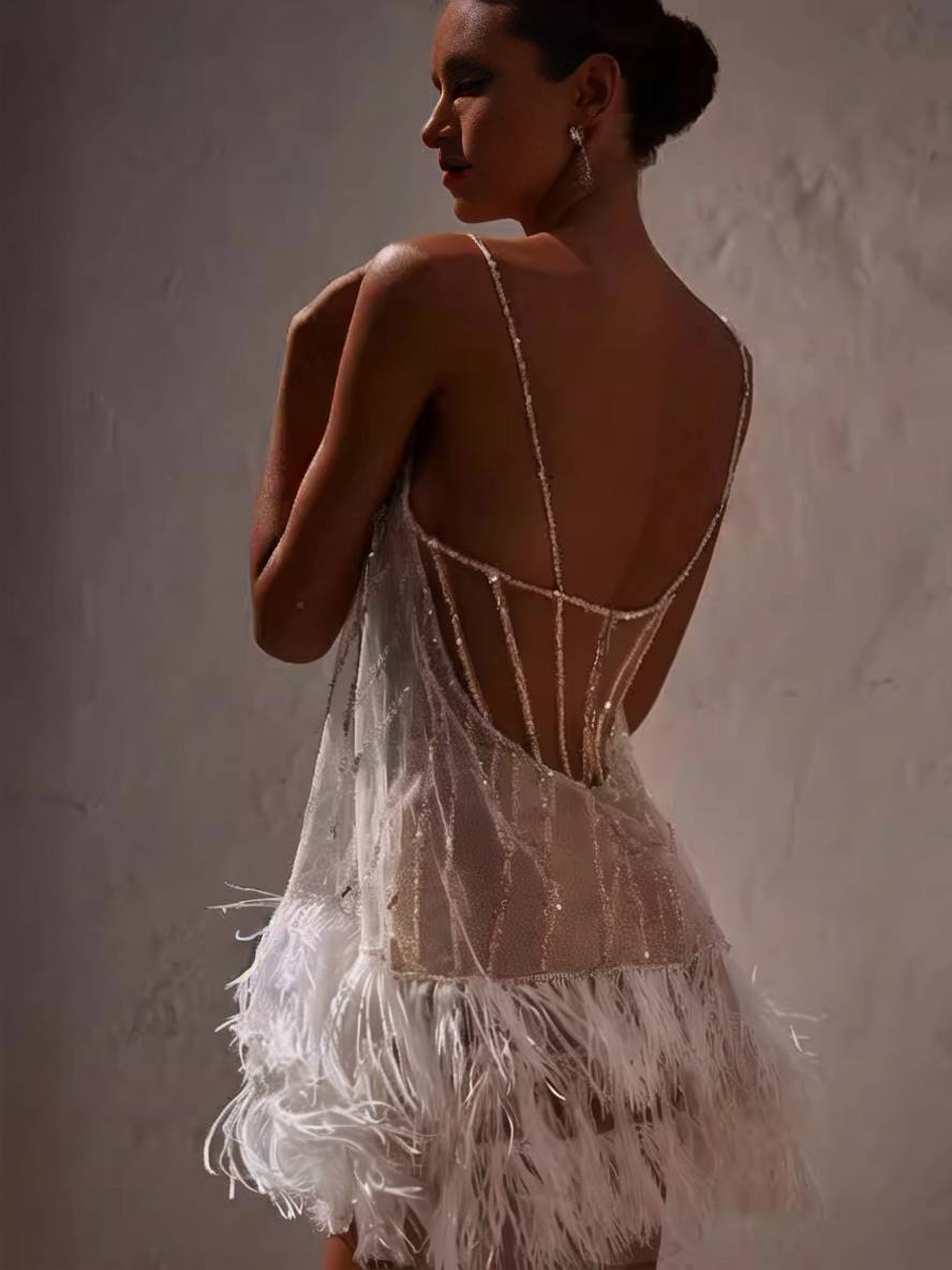 Levoire | Robe Courte En Tulle Avec Franges, Dos Nu, Avec De Fines Bretelles, Sans Manches, Robe De Cocktail Élégante Pour Femmes
