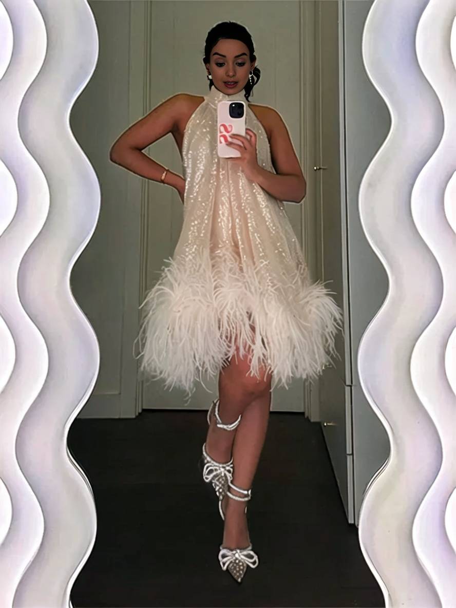 Levoire | Robe Gipsy Courte Brillante Paillettes Plume Dos Nu Sans Manches Femme Élegante Cocktail Bal Fête De Fin D'Études