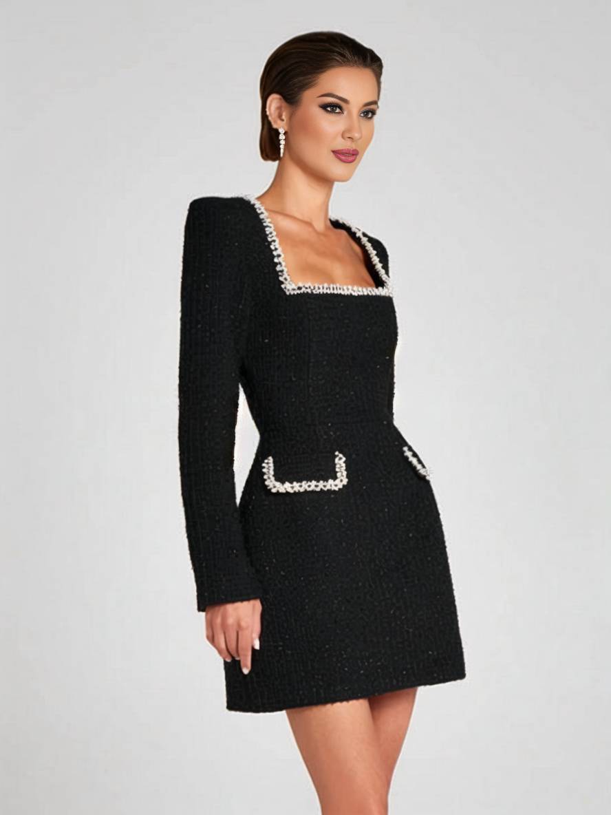 Levoire | Robe Tweed Courte Avec Poches Fente Manches Longues Femme Vintage Élégante Pour Festivités