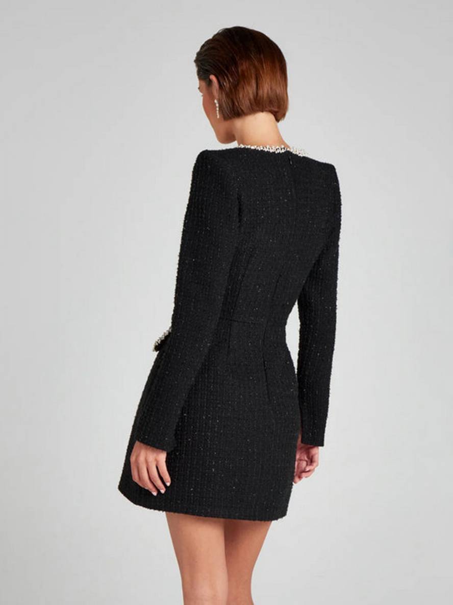 Levoire | Robe Tweed Courte Avec Poches Fente Manches Longues Femme Vintage Élégante Pour Festivités