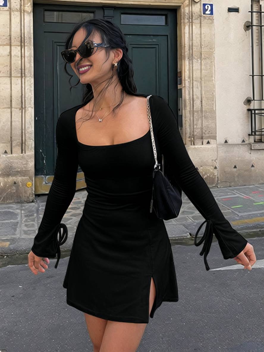 Levoire | Robe Courte Ajustée À Encolure Carrée Manches Évasées Fente Manches Longues Élégante Bal De Fin D'Année Cocktail Noir