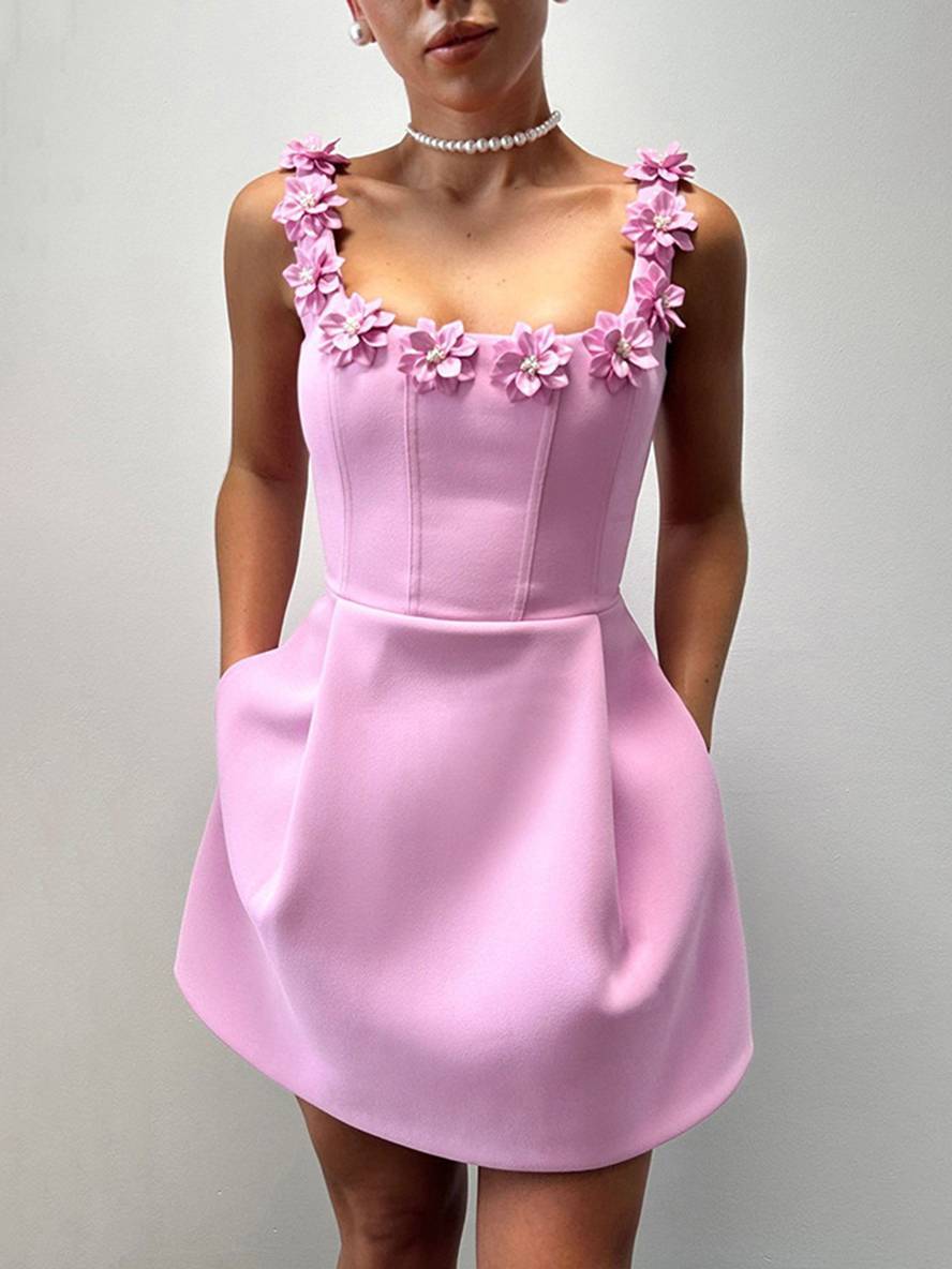 Levoire | Robe A-Ligne Avec Applications Florales Et Fines Bretelles, Décolleté Carré, Sans Manches, Élégante, Robe De Bal Et De Cocktail Rosa