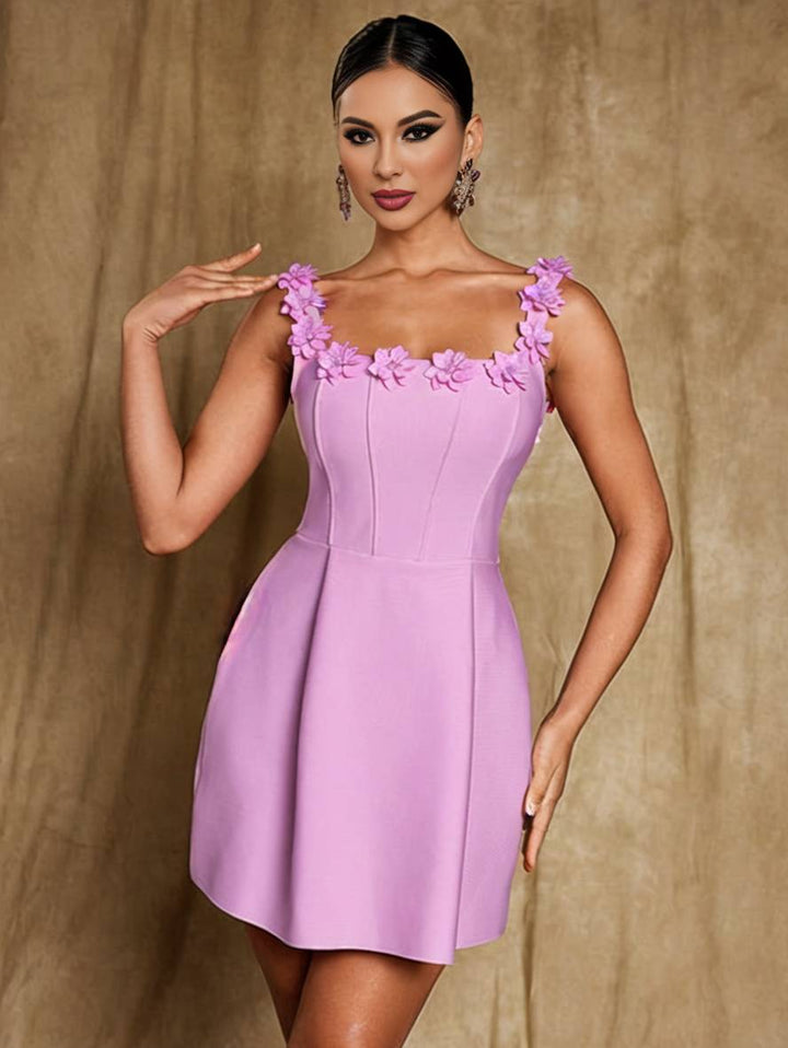 Levoire | Robe A-Ligne Avec Applications Florales Et Fines Bretelles, Décolleté Carré, Sans Manches, Élégante, Robe De Bal Et De Cocktail