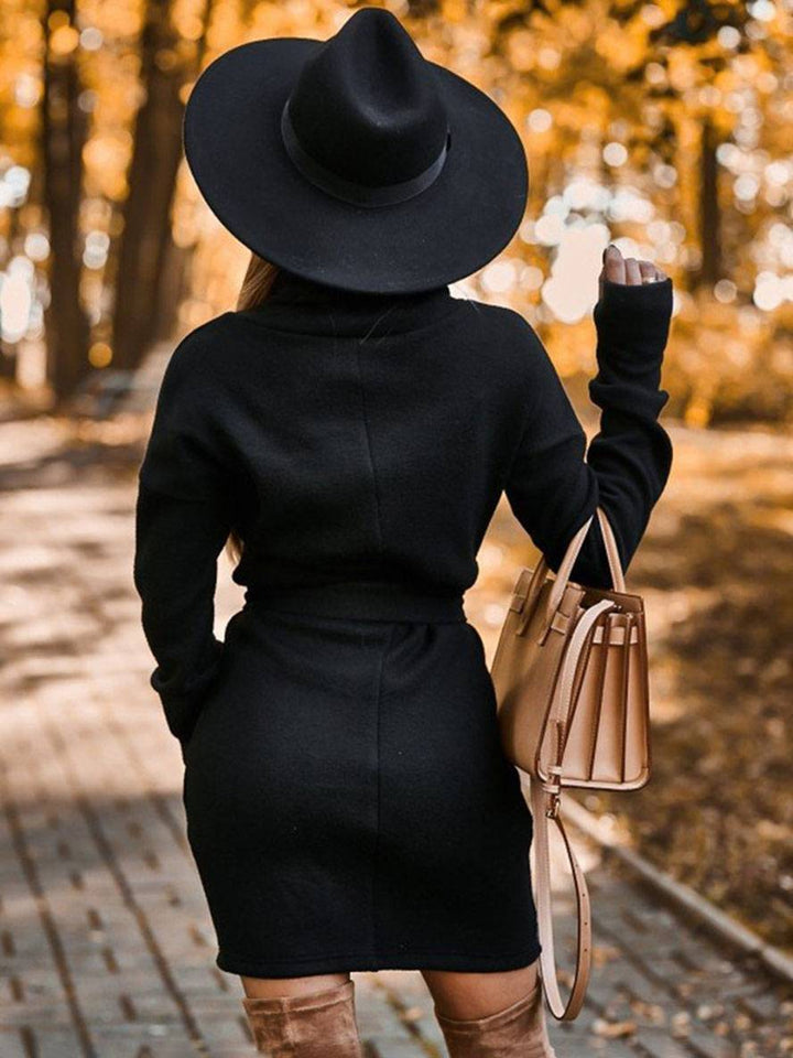 Levoire | Robe Courte Ajustée Col Roulé À Manches Longues Pour Femmes Élégante Décontractée Cocktail Pull Robe