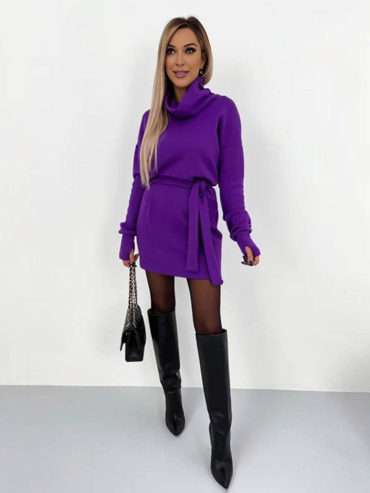 Levoire | Robe Courte Ajustée Col Roulé À Manches Longues Pour Femmes Élégante Décontractée Cocktail Pull Robe Violet
