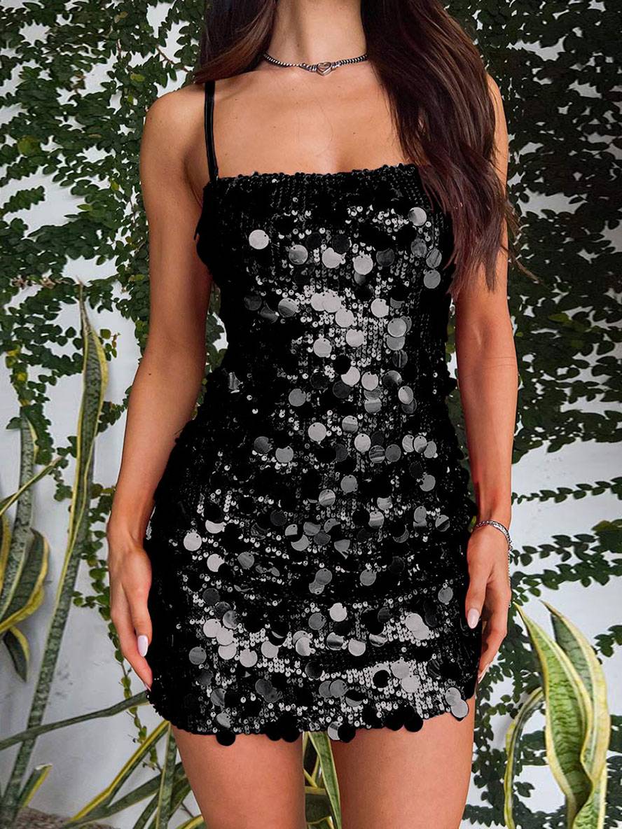 Levoire | Robe Brillante, Courte, Moulante Avec De Fines Bretelles Spaghetti Sans Manches Pour Femmes, Mode De Cocktail Élégante Noir