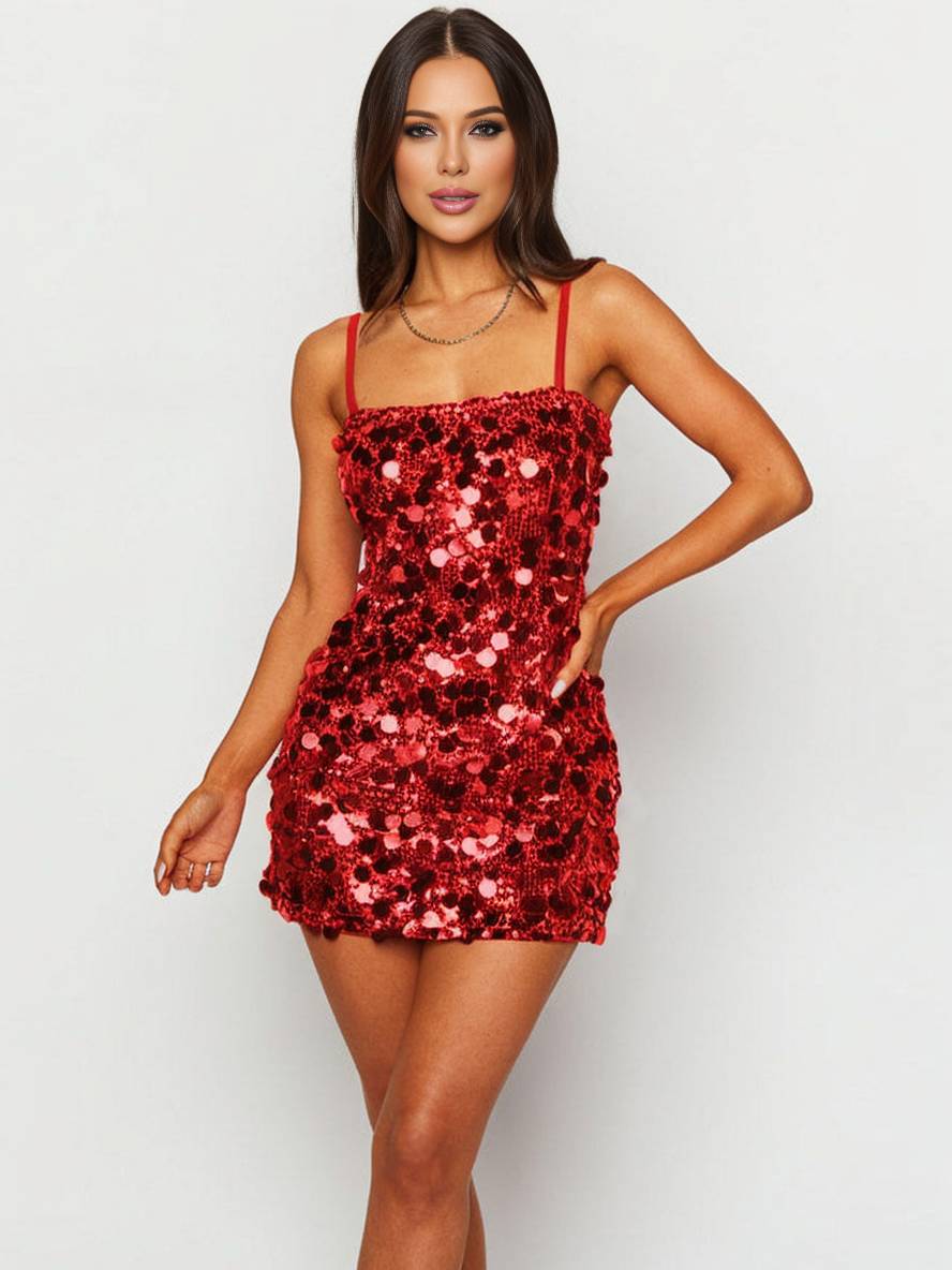 Levoire | Robe Brillante, Courte, Moulante Avec De Fines Bretelles Spaghetti Sans Manches Pour Femmes, Mode De Cocktail Élégante