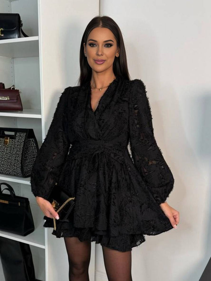 Levoire | Robe Courte En Chiffon À Décolleté En V Avec Détail Volants Noeud Manches Longues Élégante Décontractée Cocktail Noir