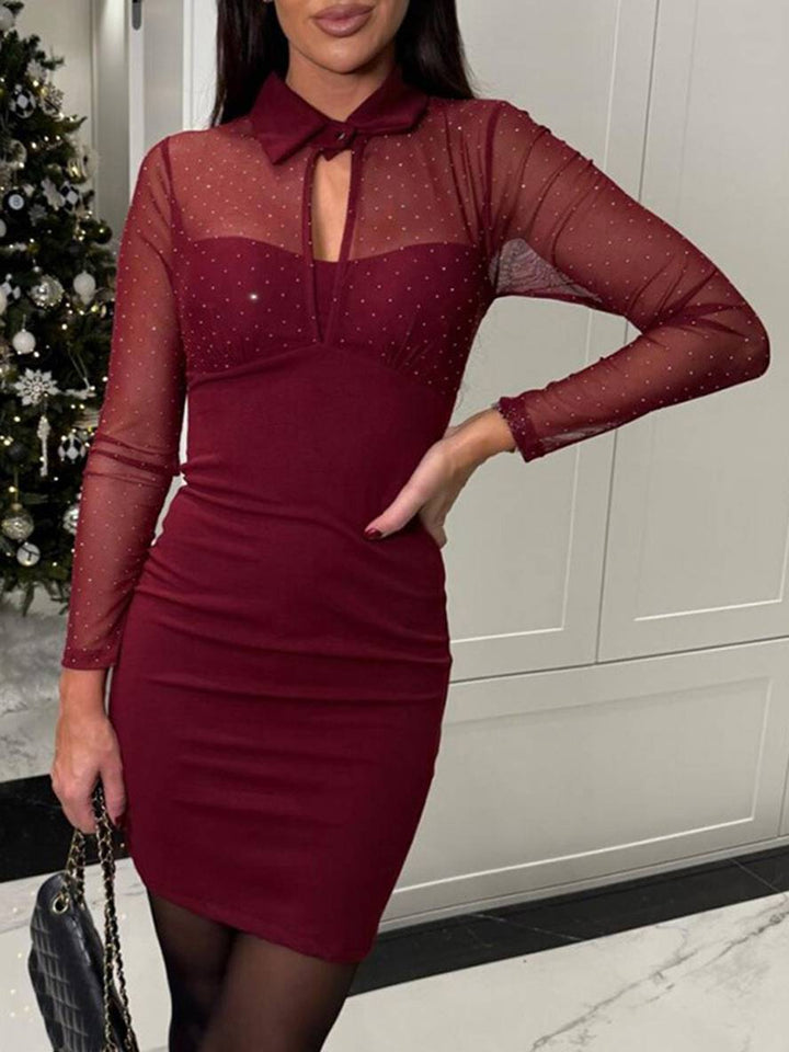 Levoire | Robe De Grossesse Courte Fausse 2-En-1 Slim Fitness Tulle Boutons Col Chemise Manches Longues Femmes Élégant Décontracté Cocktail Bordeaux