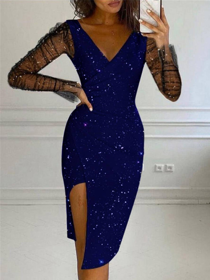 Levoire | Robe Courte Col En V Ajustée Irrégulière En Tulle À Manches Cloche À Manches Longues Pour Femmes Élégante Décontractée Cocktail Bleu foncé
