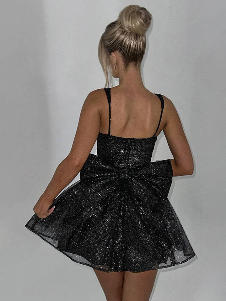 Levoire | Robe Trapèze Courte En Tulle Nœud Col Quart Sans Manches Femmes Élégante Bal De Fin D'Études Cocktail